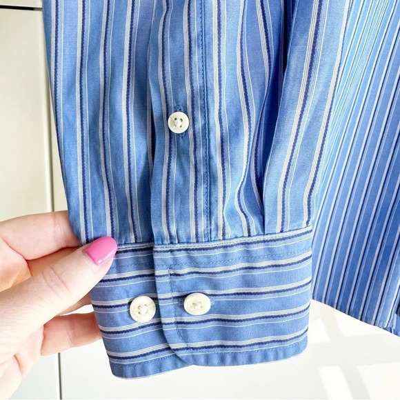Faconnable Mens Dress Shirt Blue With Black Stripes Size Large Office Work Wear - Picture 4 of 7